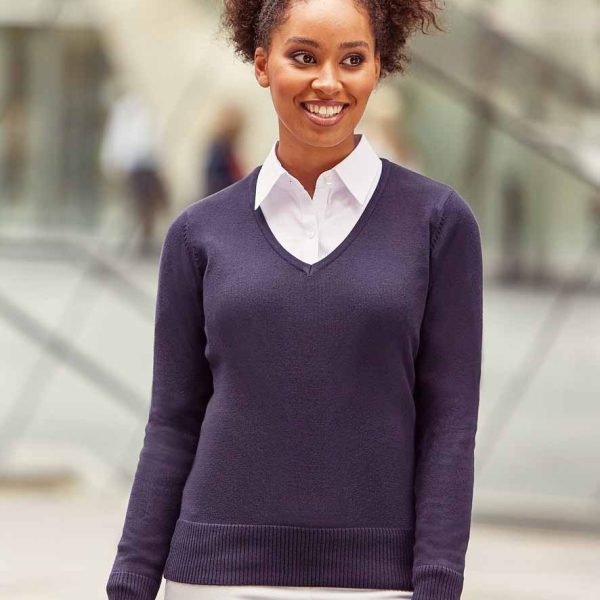 Russell Ladies Cotton/Acrylic V Neck Sweater - 710F
