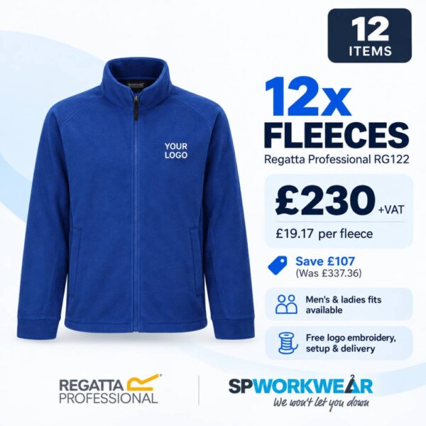 Blue fleece jacket bundle offer: 12 items, £230 total, includes logo embroidery and men's & ladies fits.