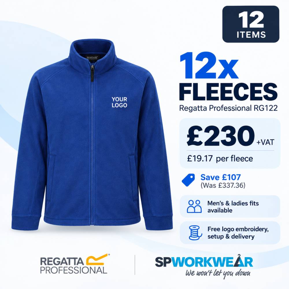 Blue fleece jacket bundle offer: 12 items, £230 total, includes logo embroidery and men's & ladies fits.