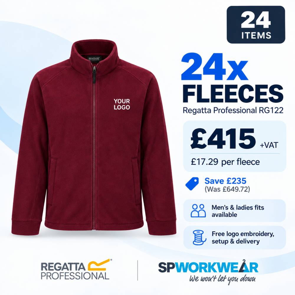 Maroon fleece jacket bundle, 24 items, customizable with logo, £415, men’s and ladies’ fits available.