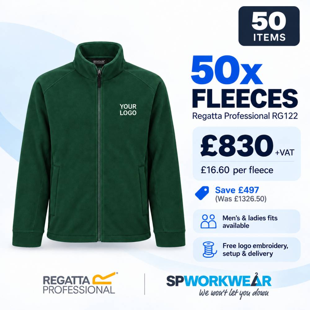 Green fleece jacket bundle offer: 50 fleeces for £830 with logo, setup, and delivery included.