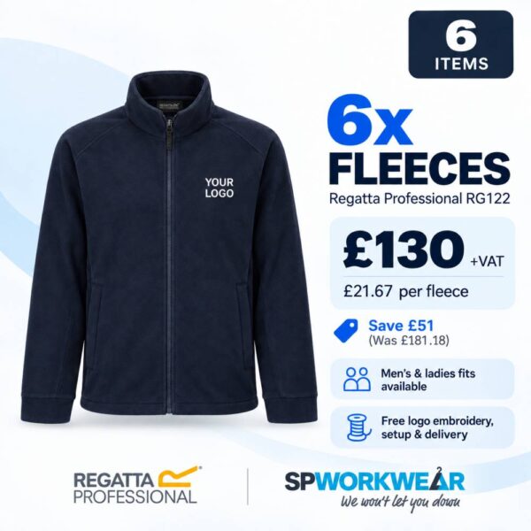 6 black fleeces with custom logo for £130, including embroidery and delivery.