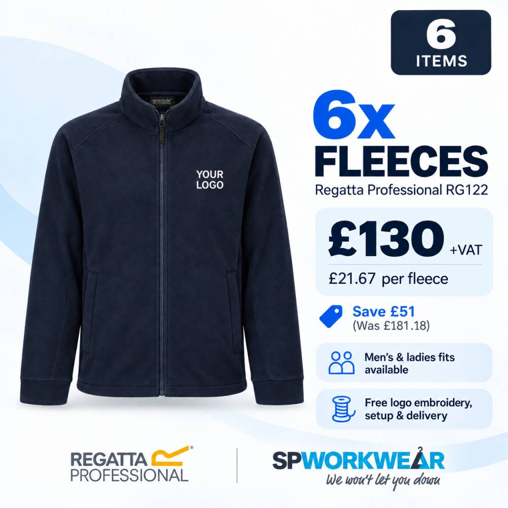 6 black fleeces with custom logo for £130, including embroidery and delivery.