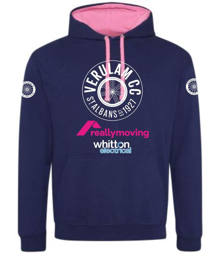 Verulam Contrast Navy blue hoodie with pink toggles and inner hood