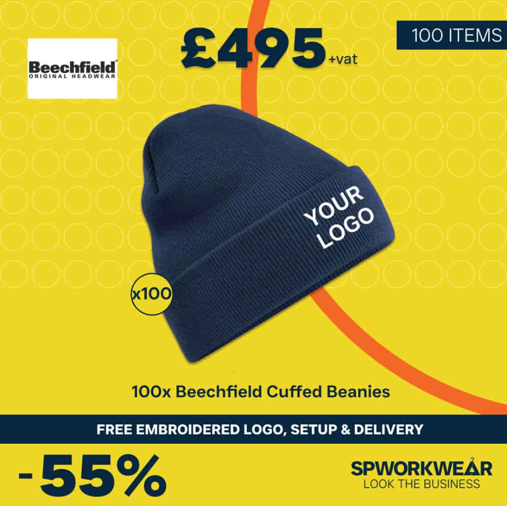 100 embroidered cuffed beanie hats with logo
