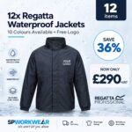 Black waterproof jacket with "Your Logo" on the chest, bundle offer for 12 jackets at £290.