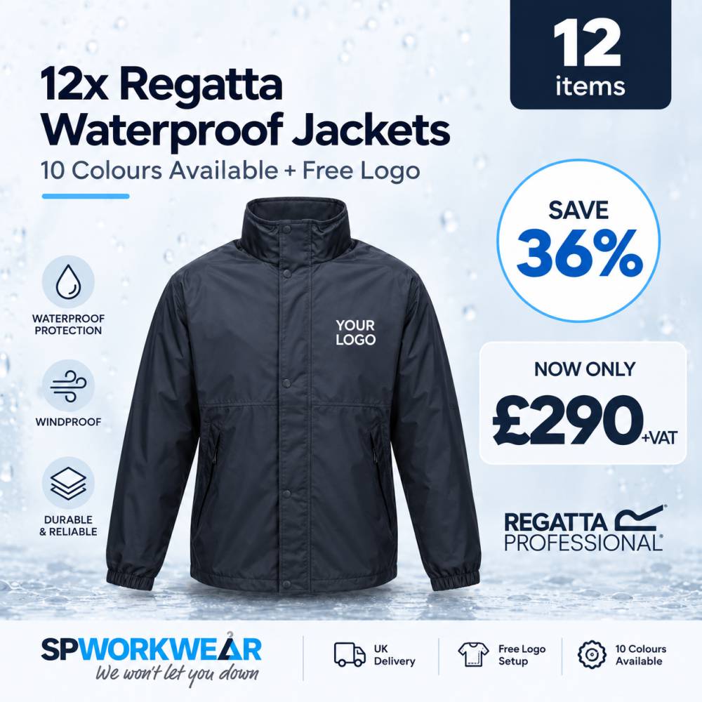 Black waterproof jacket with "Your Logo" on the chest, bundle offer for 12 jackets at £290.