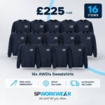 16 navy sweatshirts with embroidered logos, bundle deal for £225, 16 items included.