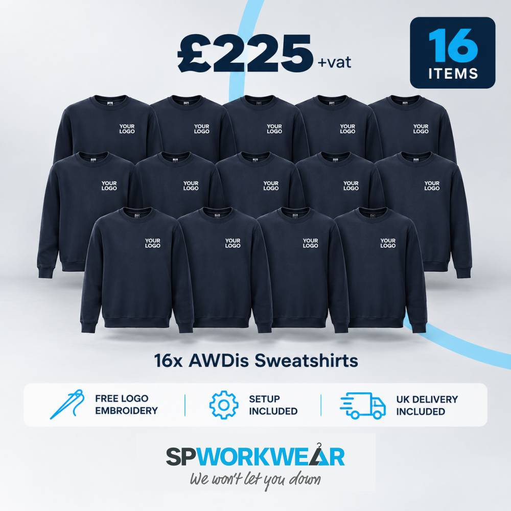 16 navy sweatshirts with embroidered logos, bundle deal for £225, 16 items included.