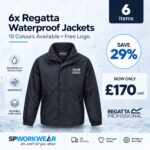 Black waterproof jacket bundle offer, 6 items with free logo, now £170 plus VAT, save 29%.