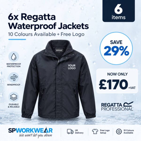 Black waterproof jacket bundle offer, 6 items with free logo, now £170 plus VAT, save 29%.