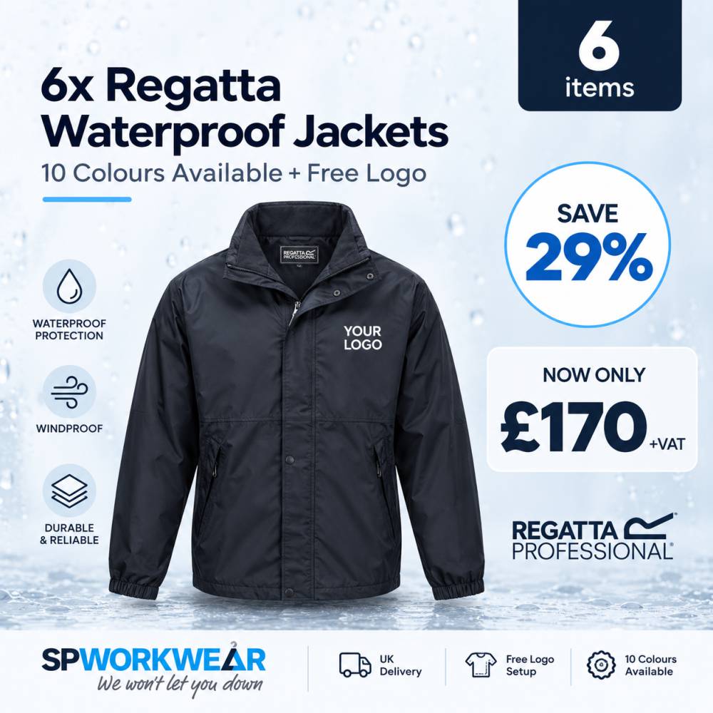 Black waterproof jacket bundle offer, 6 items with free logo, now £170 plus VAT, save 29%.