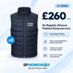 Navy blue padded bodywarmer bundle, 8 items, with custom logo, price and features listed.