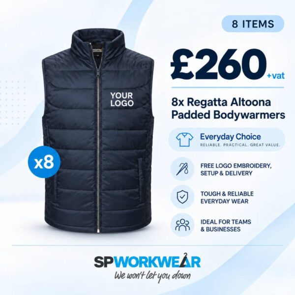 Navy blue padded bodywarmer bundle, 8 items, with custom logo, price and features listed.