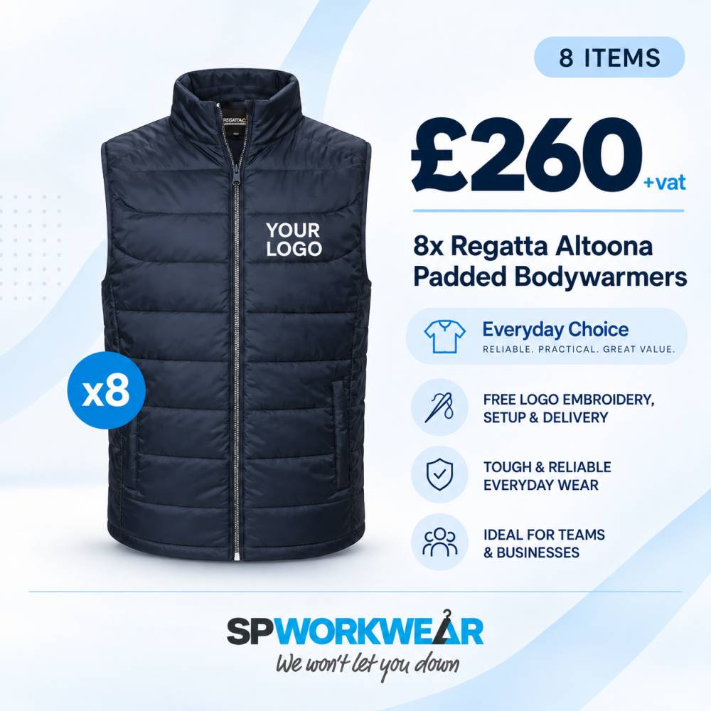8x Regatta Altoona Bodywarmer Bundle Navy blue padded bodywarmer bundle, 8 items, with custom logo, price and features listed.