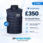 Navy padded bodywarmer bundle of 8 for £350, includes logo embroidery, ideal for teams and businesses.