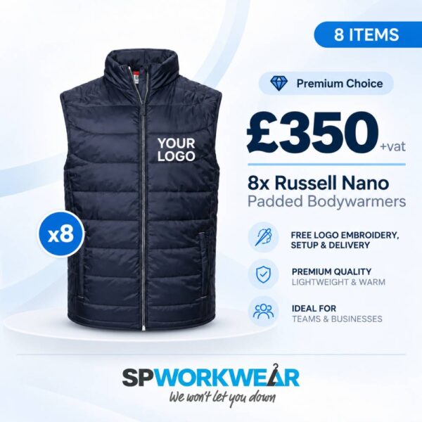 Navy padded bodywarmer bundle of 8 for £350, includes logo embroidery, ideal for teams and businesses.