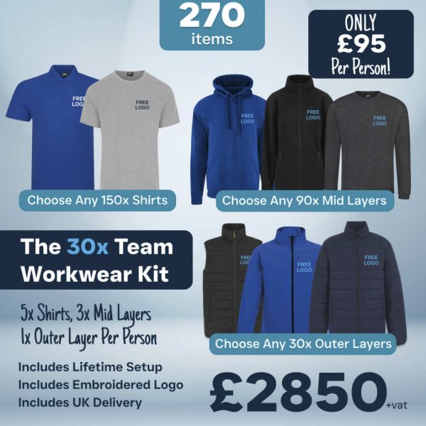 30 person team workwear bundle with branded polos mid layers and Regatta jackets