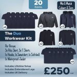 Duo workwear kit displaying 30 items including embroidered polo shirts t shirts hoodies sweatshirts softshells and waterproof jackets