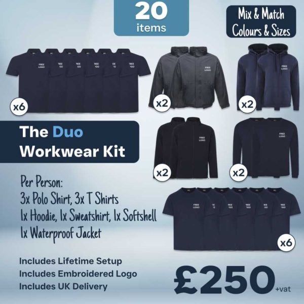 Duo workwear kit displaying 30 items including embroidered polo shirts t shirts hoodies sweatshirts softshells and waterproof jackets
