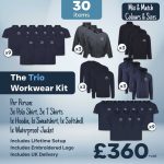 Trio workwear kit showing 30 branded items including polo shirts t shirts hoodies sweatshirts softshells and waterproof jackets with embroidered logo