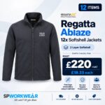 12 black softshell jackets with custom logo, bundle price shown, SP Workwear branding.