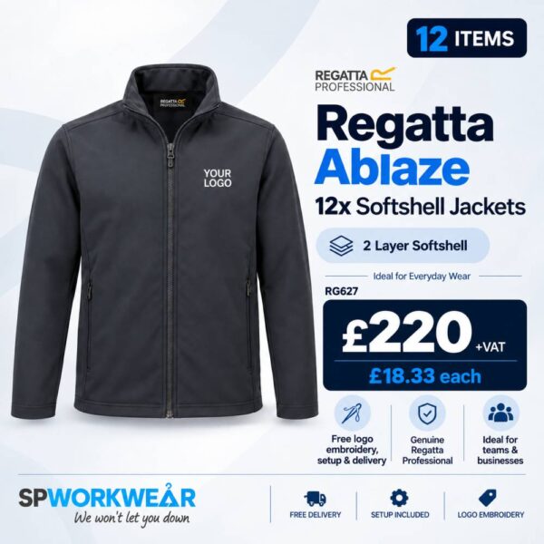 12 black softshell jackets with custom logo, bundle price shown, SP Workwear branding.