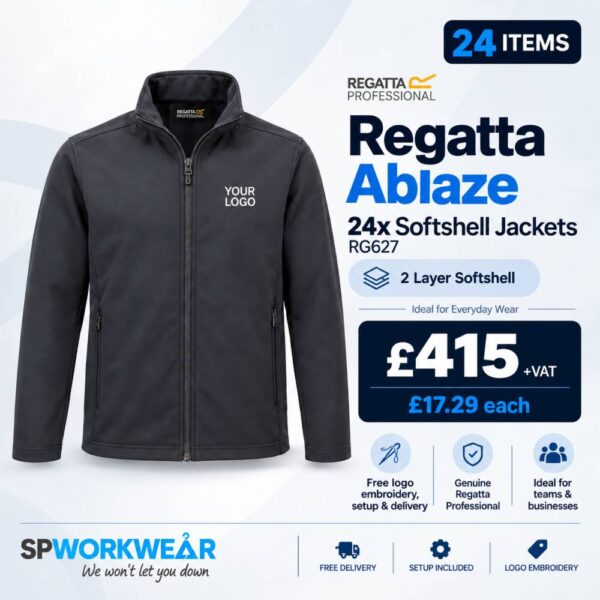 Black softshell jacket bundle offer, includes 24 jackets with custom logo embroidery for £415 plus VAT.