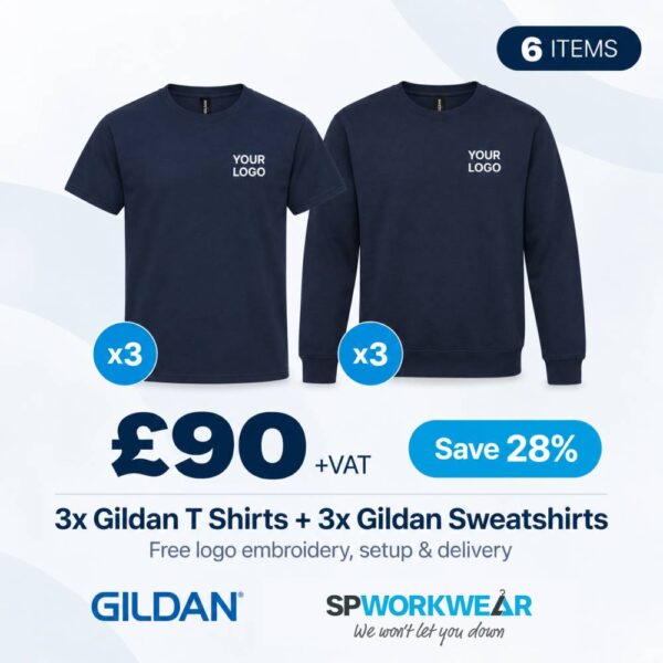 Three Gildan T-shirts and three sweatshirts bundle offer for £90 with free logo embroidery.