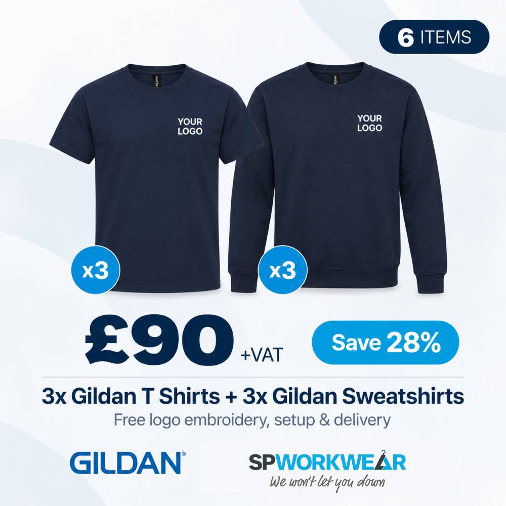 Three Gildan T-shirts and three sweatshirts bundle offer for £90 with free logo embroidery.