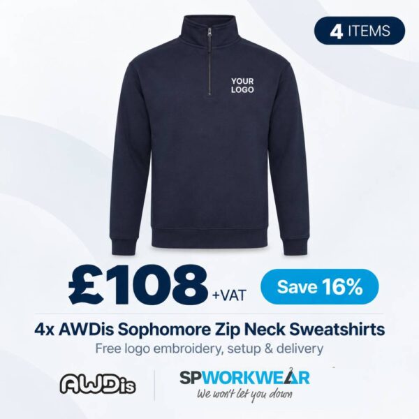 Navy zip neck sweatshirt bundle, 4 for £108 plus VAT, includes free logo embroidery.