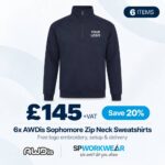 Navy zip neck sweatshirt bundle, 6 items for £145 plus VAT, includes free logo embroidery.