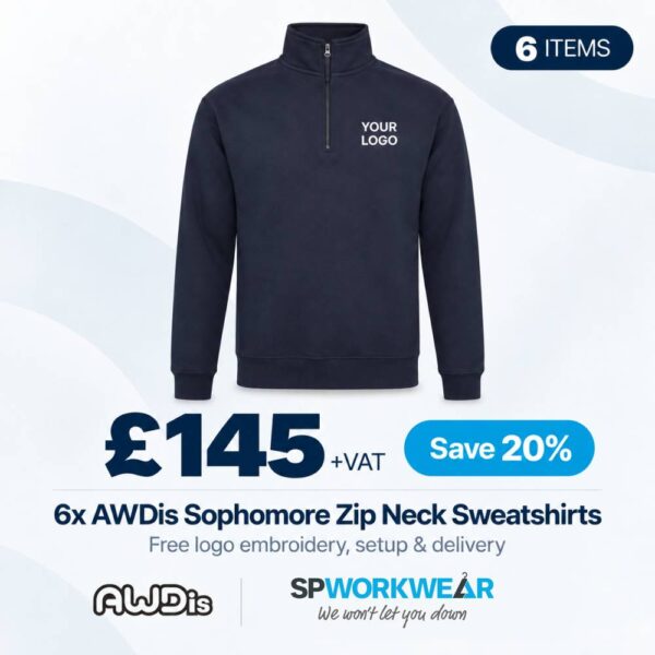 Navy zip neck sweatshirt bundle, 6 items for £145 plus VAT, includes free logo embroidery.