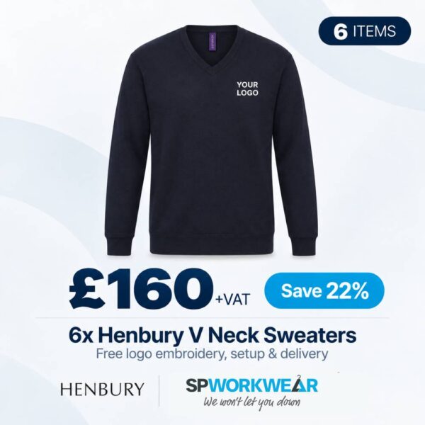 Six navy V-neck sweaters with custom logo for £160 plus VAT, save 22%, includes embroidery and delivery.