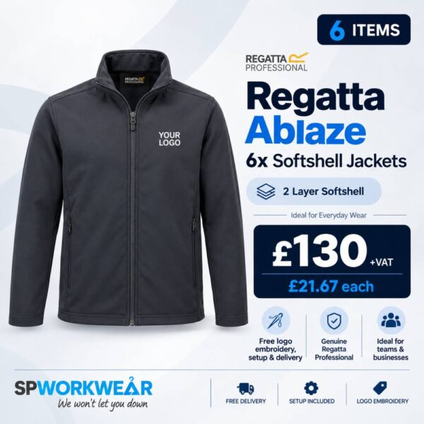 Six black Regatta softshell jackets with custom logo for £130 plus VAT.
