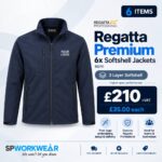Navy softshell jacket bundle, 6 items, £210, includes free logo embroidery and delivery.