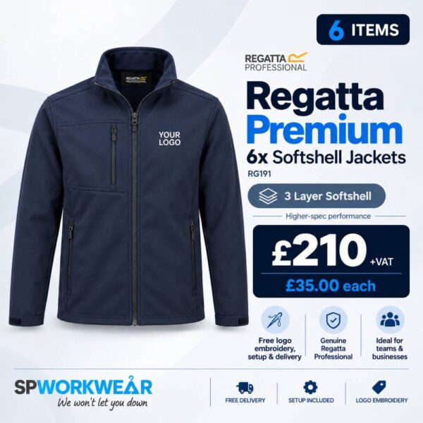 Navy softshell jacket bundle, 6 items, £210, includes free logo embroidery and delivery.