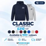 Two hoodies with "Your Logo" text, showing a bundle offer for 12 classic college hoodies.
