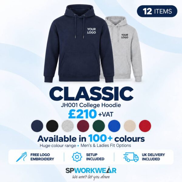 Two hoodies with "Your Logo" text, showing a bundle offer for 12 classic college hoodies.