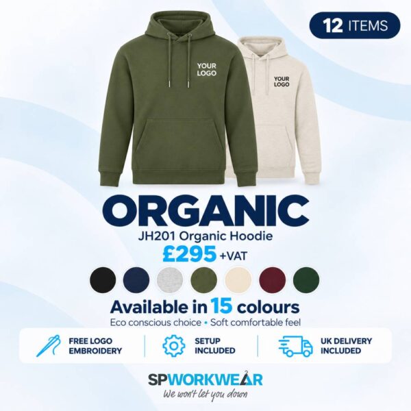 Two organic hoodies with "your logo" text, price £295, available in 15 colours, 12 items bundle.