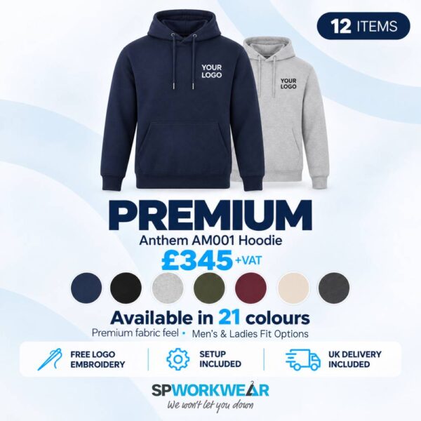 Two branded hoodies, pricing, and features for a premium hoodie bundle from SP Workwear.