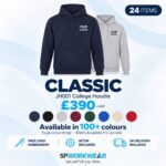 Two branded hoodies with price, color options, and offer details for a bulk bundle of 24 items.