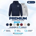 Two hoodies with "Your Logo" text, price £620, available in 21 colors, 24 items bundle.