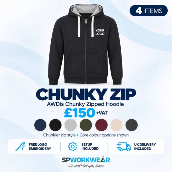 Black chunky zip hoodie bundle with free logo, setup, and UK delivery, priced at £150 plus VAT.