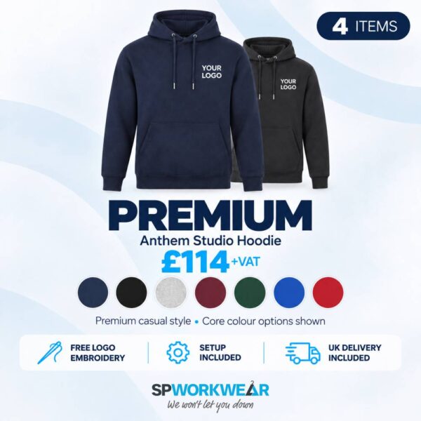 Two hoodies with "Your Logo" text and color options, bundle of 4 for £114 plus VAT.