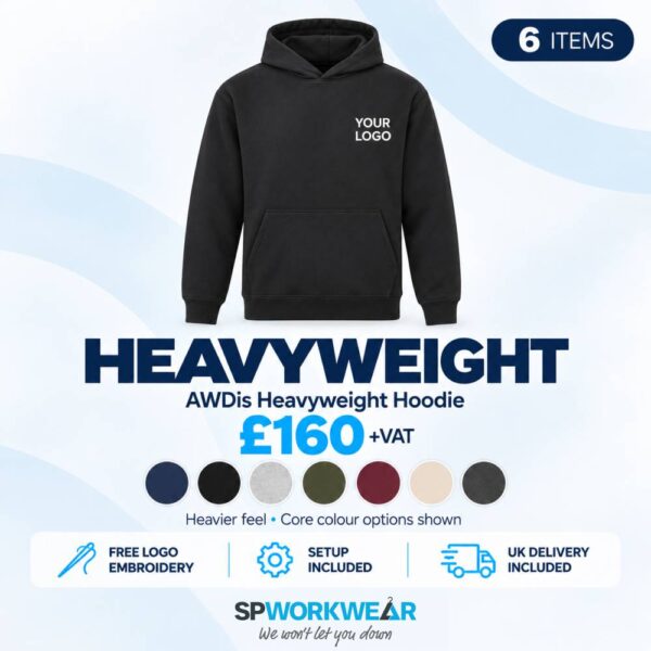 Black heavyweight hoodie bundle, 6 items, free logo, £160+VAT, various colors, UK delivery included.