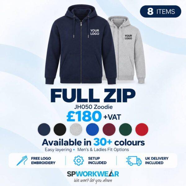 Two full zip hoodies with custom logos, available in 30+ colors, £180 for 8 items.