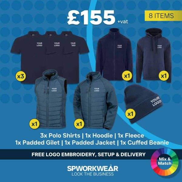 Enhanced embroidered winter workwear bundle with jacket gilet fleece hoodie and beanie