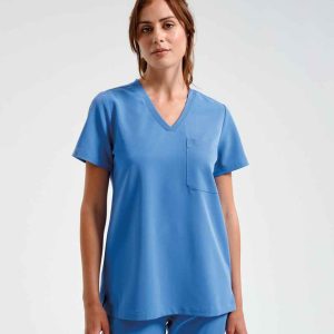 Healthcare professional wearing the NN300 Onna by Premier Ladies Stretch Tunic in sky blue, combining style with practicality.