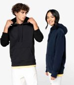 A couple modelling the NS431 Native Spirit Unisex French Terry Hoodie, showcasing eco-conscious workwear.